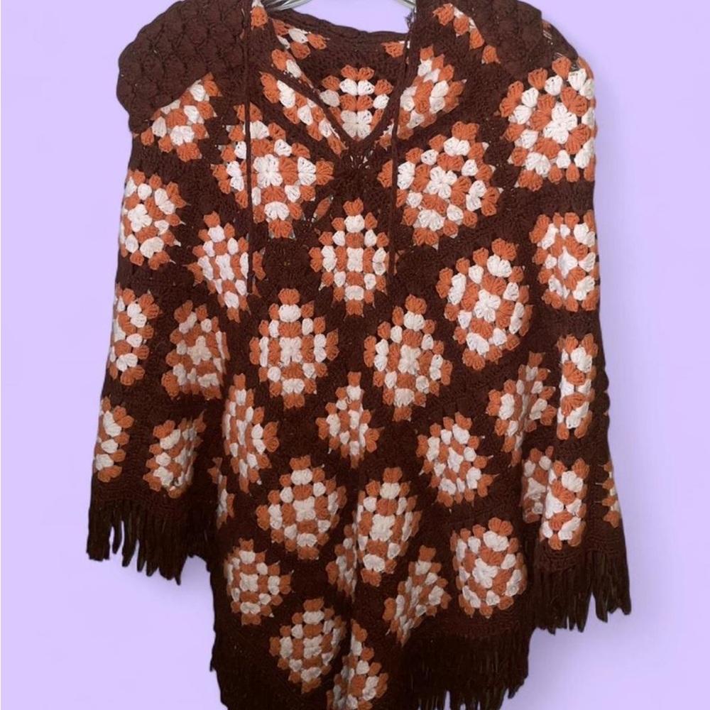 Brown and Cream Crochet Poncho